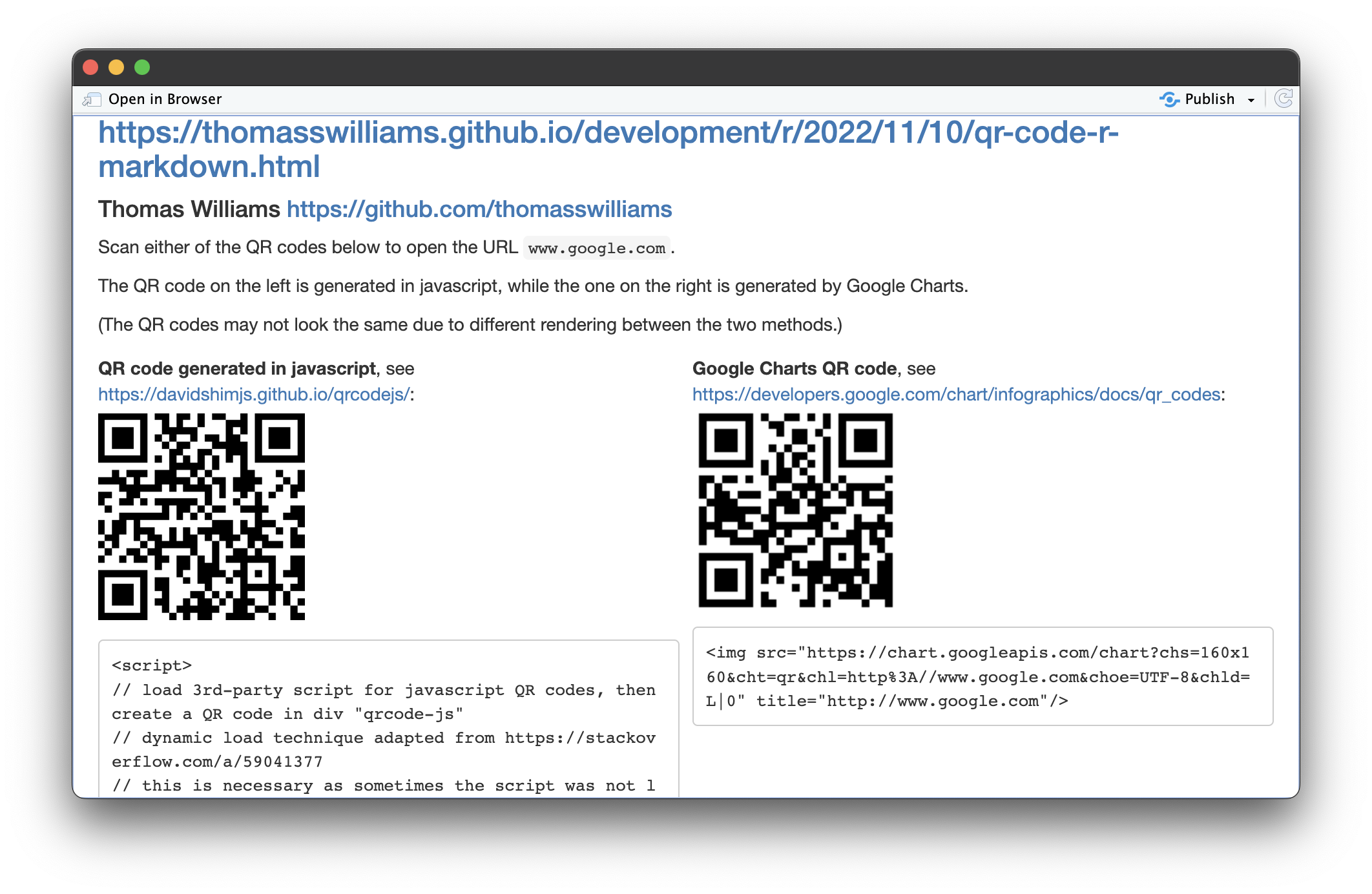 QR codes in R Markdown preview
