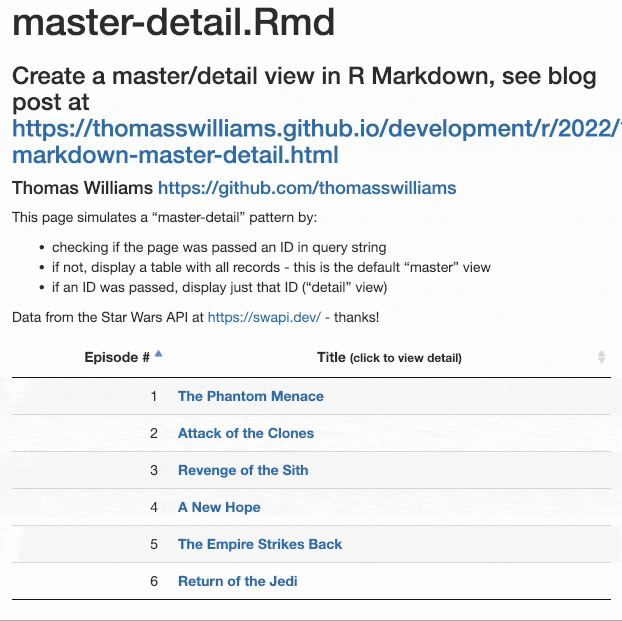 Master/detail R Markdown preview