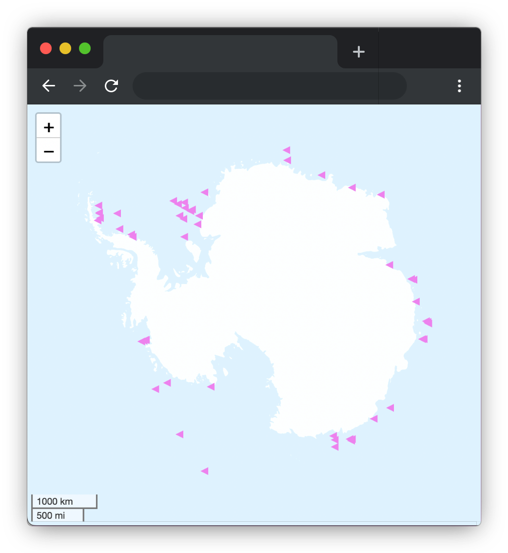 leaflet-antarctic-demo web page with GeoJSON icebergs